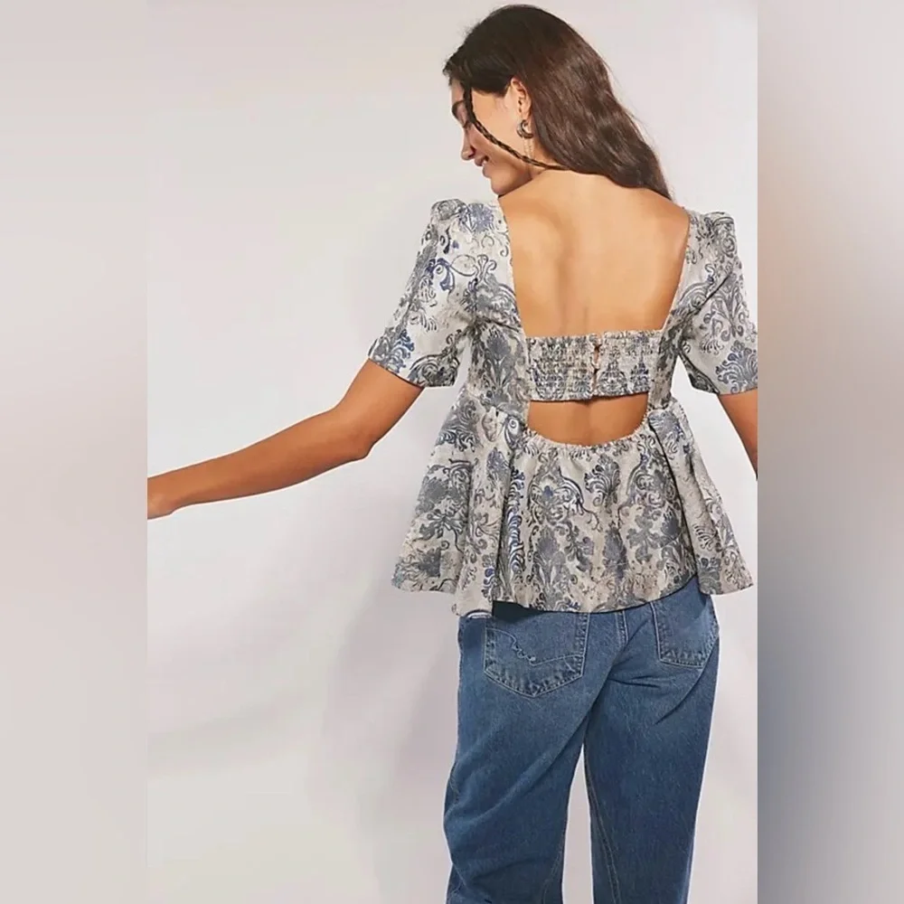 NWT Free People Eloise Jacquard Blouse in Ice Blue Combo